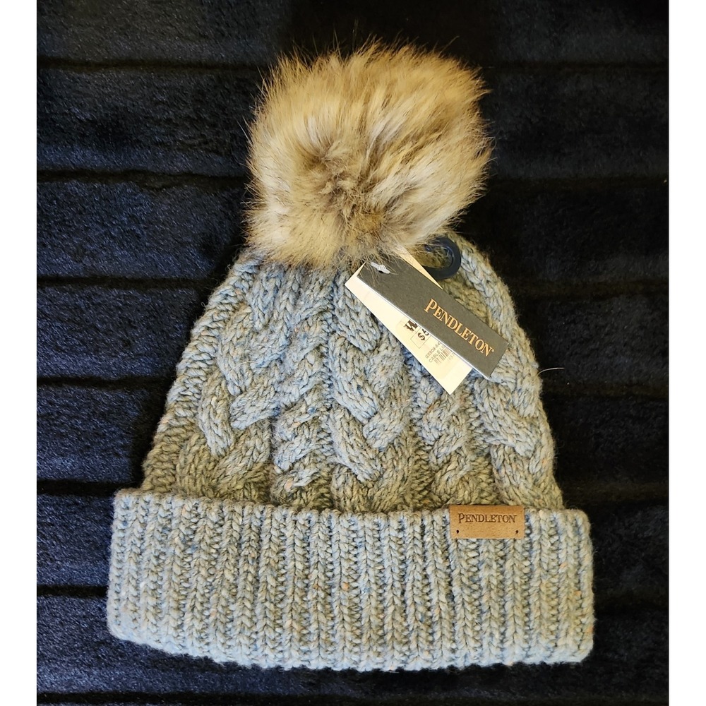 Pendleton Cable Knit Cap Beanie Hat POM LAMBS WOOL & Alpaca Blue/Gray - NWT